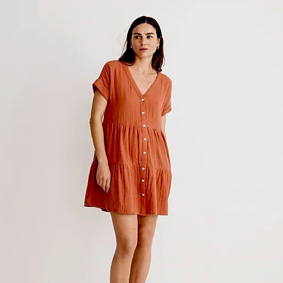 Madewell- Lightspun Cuff-Sleeve Button-Front Tiered Mini Dress size -xxl - Picture 2 of 6
